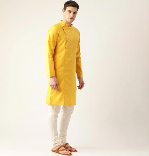 Men Mustard Yellow Solid Straight Kurta